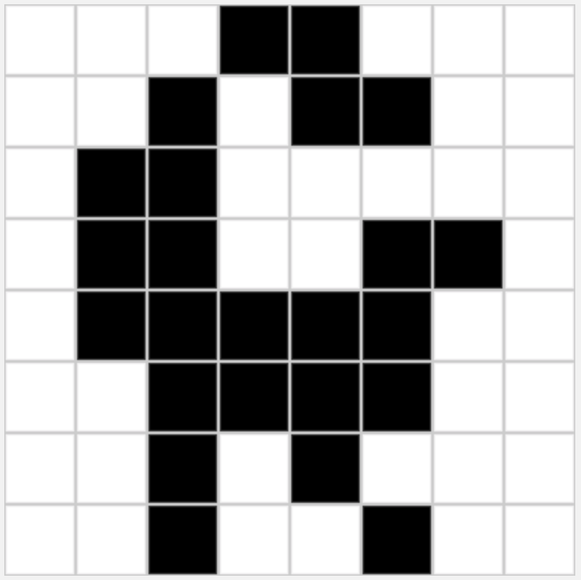 The same bird represented as a grid of black and white squares