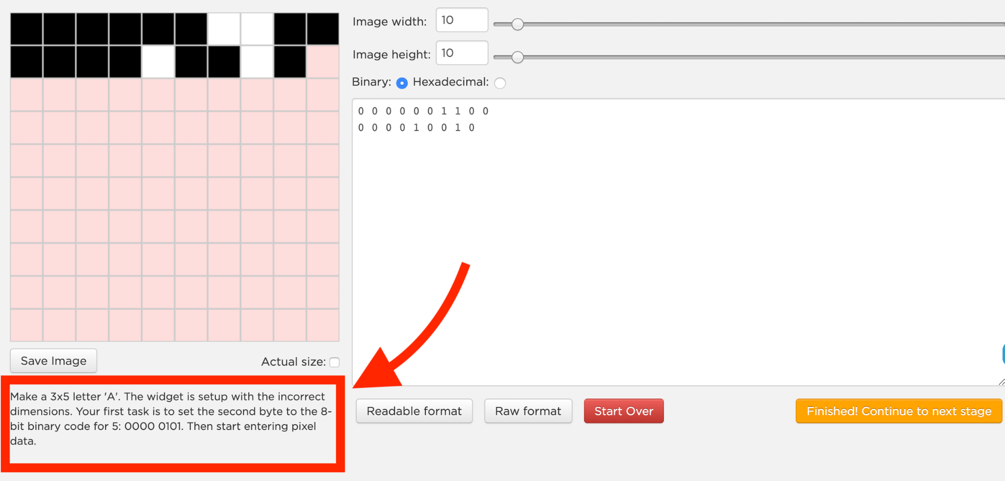 B&W Pixelation Widget set up to build a 3 by 5 letter A, with the image width and height sliders, a binary pixel grid, and the raw binary data 0000011000 0000100100 shown in the data box