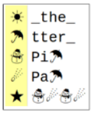 Dictionary key: sun burst icon maps to _the_, umbrella icon maps to tter_, snowman icon maps to Pi followed by the umbrella icon, snow icon maps to Pa followed by the umbrella icon, and black star icon maps to snowman icon, snow icon, snowman icon, snow icon in sequence