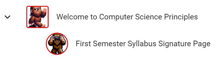 Buzz course folder listing showing 'Welcome to Computer Science Principles' and, inside it, 'First Semester Syllabus Signature Page.'