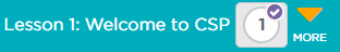 Code.org lesson navigation bar for Lesson 1: Welcome to CSP, showing a single numbered dot representing the one part of this lesson.